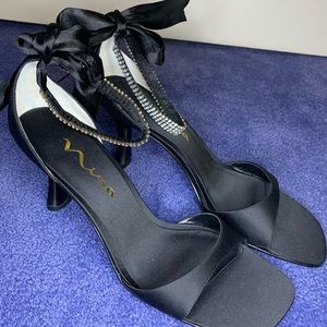 Nina open toed heel with rhinestone ankle wrap and satin tie